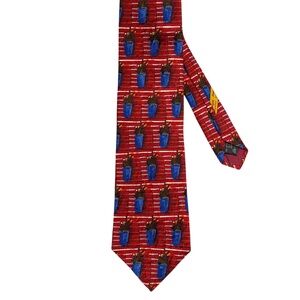 Ermenegildo Zegna Neck Tie Red/White Stripes W/Blue Potted Flowers 100% Silk